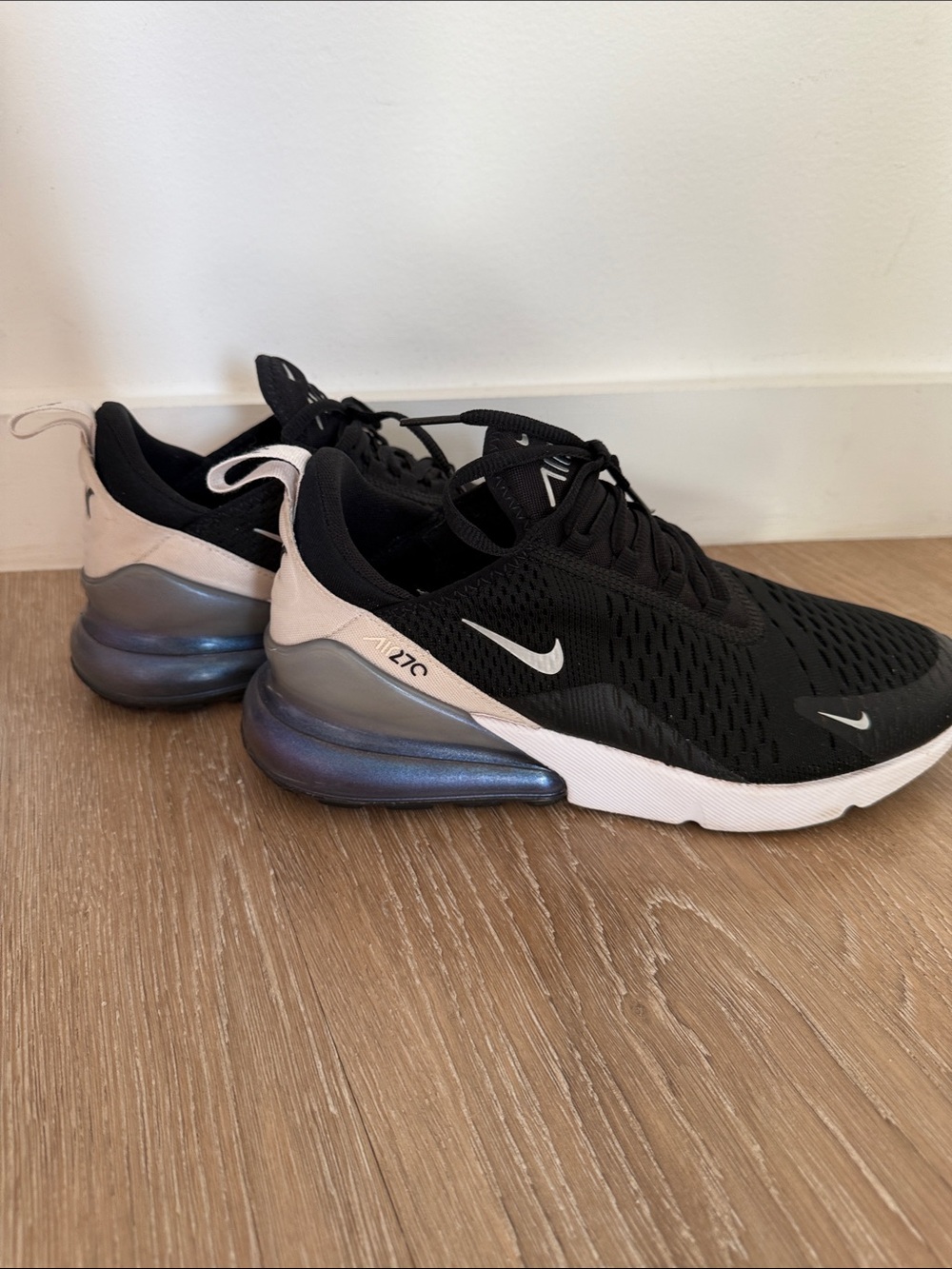 Nike Women's Black Sneakers with Pink Heel and Iridescent Blue Air Unit